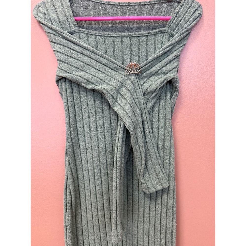 SHEIN Sage Green Ribbed Knit Square Neck Long Sleeve Bodycon Midi Dress Size 6 M